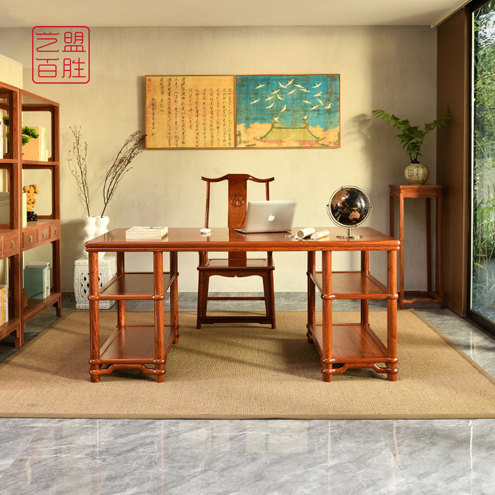 A Pterocarpus macrocarpus desk with multiple shelves.