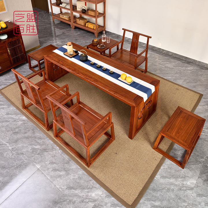 Elegant Pterocarpus tea table and chairs set in a traditional Chinese tea room.