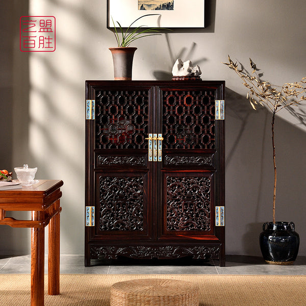 Siam Rosewood Square Cabinet with Dragon and Longevity Character Carvings大红酸枝螭龙捧寿纹透格柜