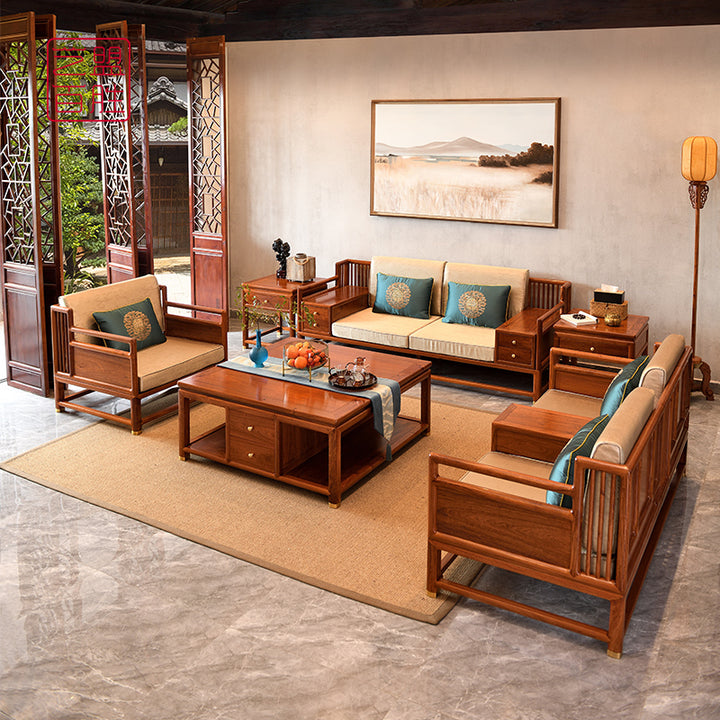 Luxurious Pterocarpus macrocarpus sofa set showcasing detailed craftsmanship.