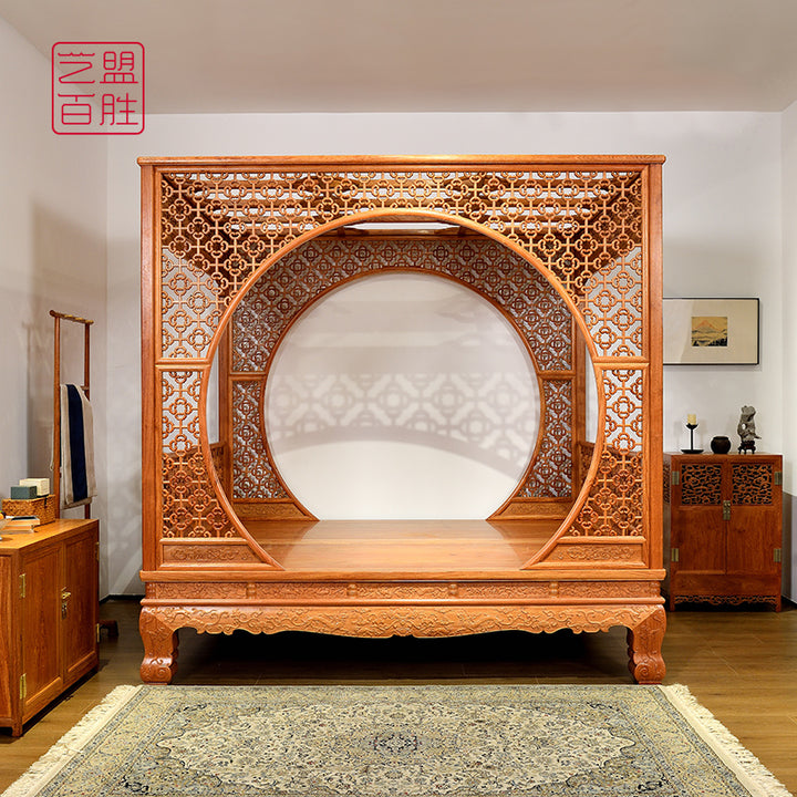 Traditional Chinese moon gate bed crafted from Pterocarpus macrocarpus wood.