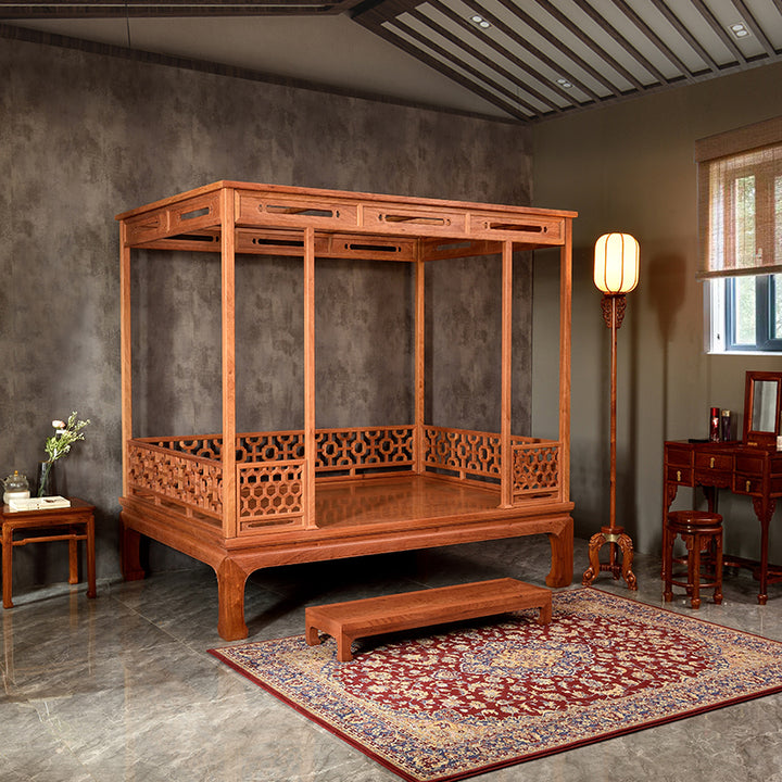 Pterocarpus Six-Post Canopy Bed with Openwork Carvings