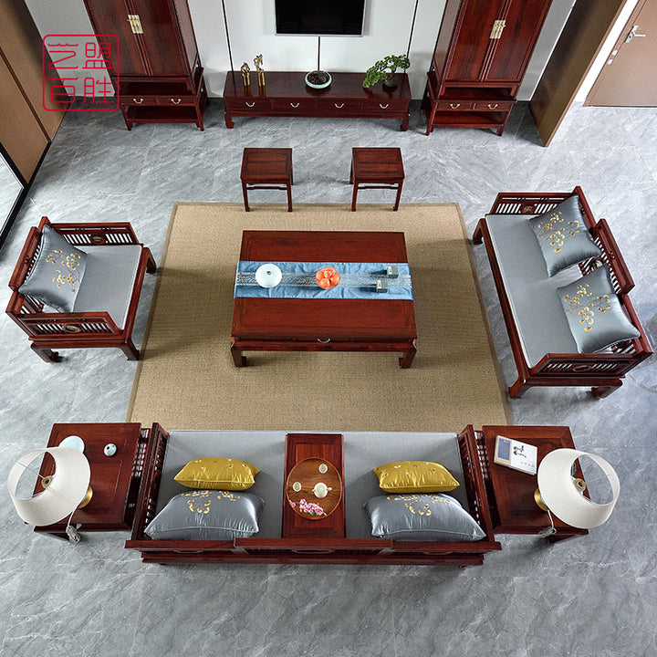 Detailed view of a rosewood sofa with intricate marble strip inlay, showcasing fine craftsmanship