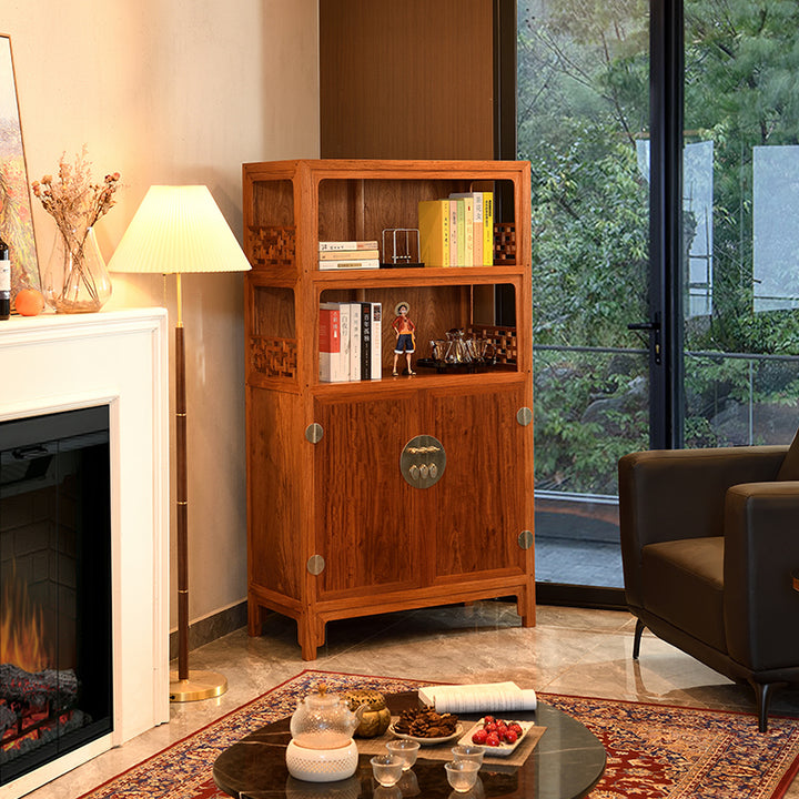 Historical Pterocarpus Macrocarpus bookcase with intricate Chinese design.