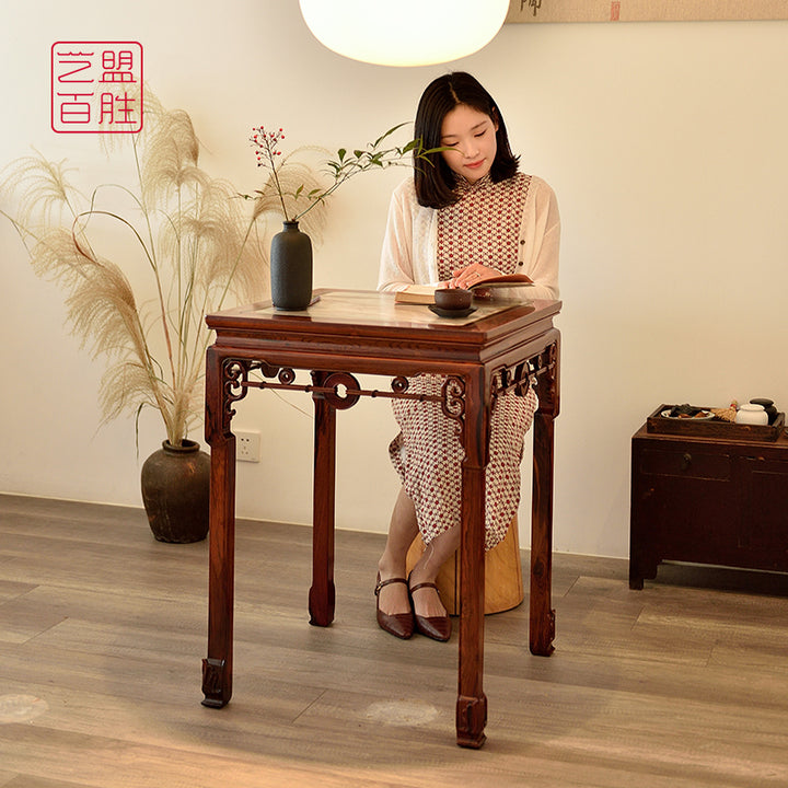 Crafted rosewood side table with a unique micro-concave design and marble surface