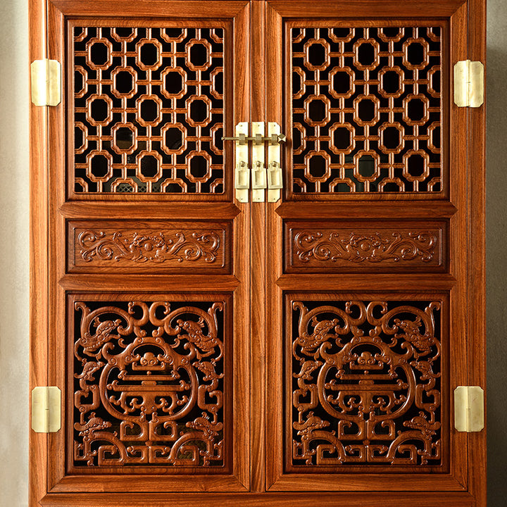 Handcrafted Pterocarpus Macrocarpus cabinet featuring Shou character motifs.