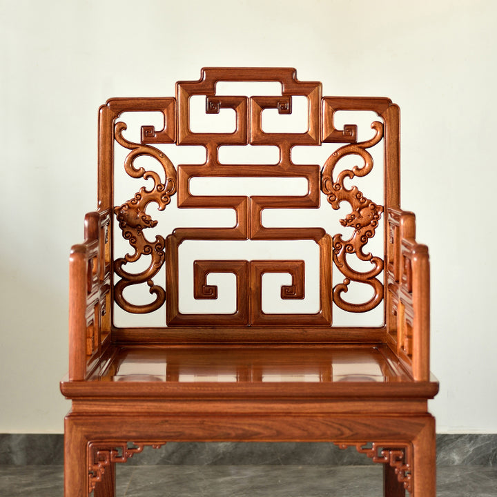 Elegant Pterocarpus macrocarpus armchair featuring detailed Fu and Shou motifs.