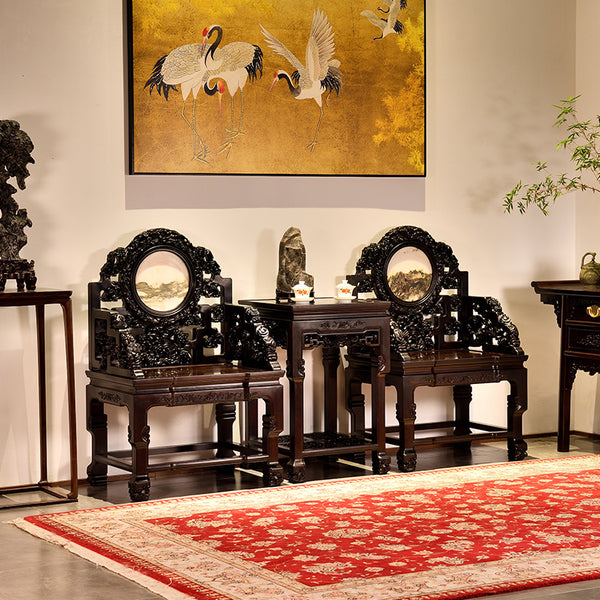 African Blackwood Qing Dynasty-Style Armchair Set (Three-Piece) with Lingzhi Carving 紫光檀灵芝太师椅