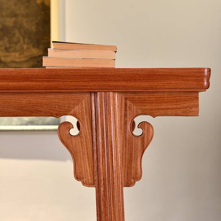 Close-up of Pterocarpus macrocarpus desk's ruyi motif carvings