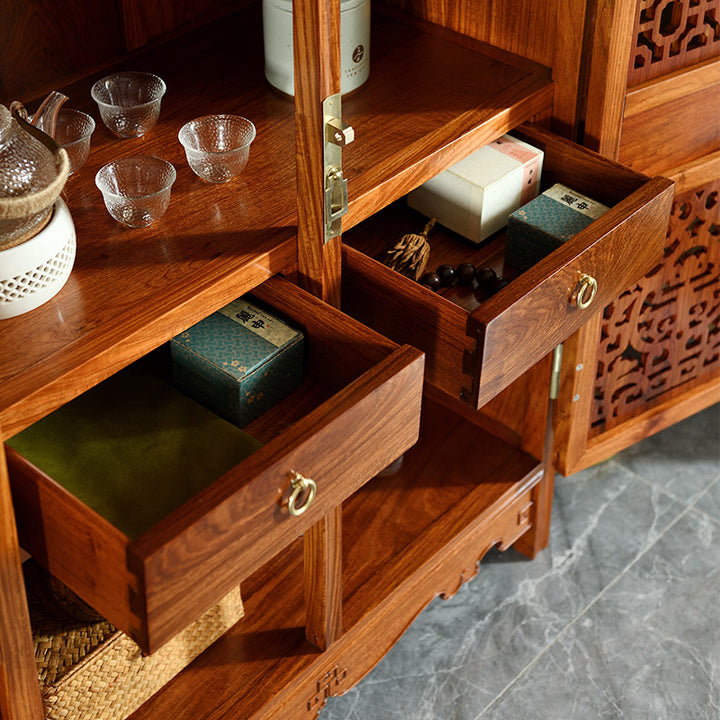 Luxury wooden cabinet with dragon and Shou carvings.