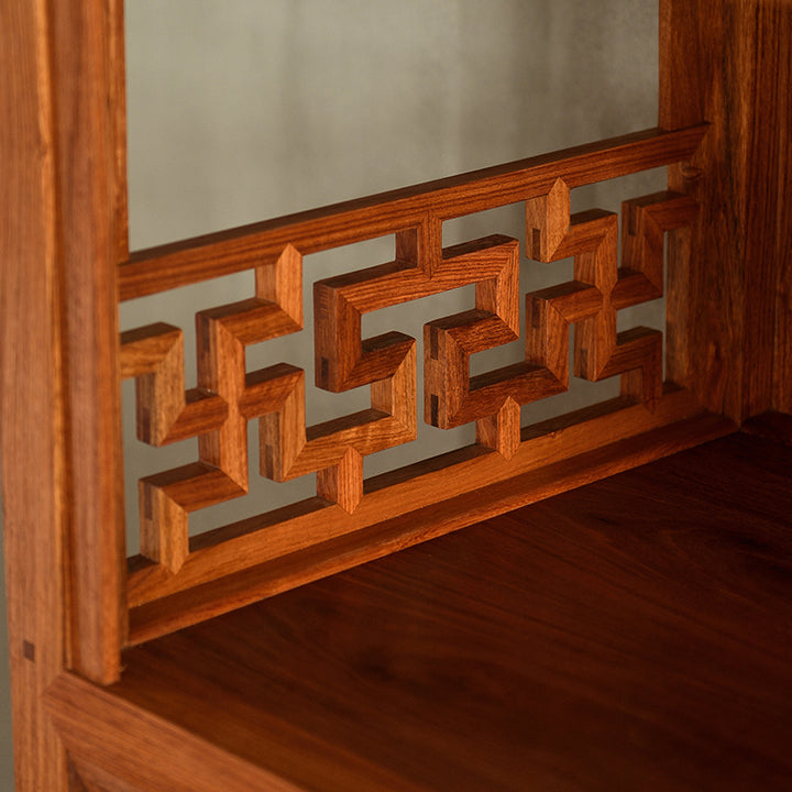 Luxurious Pterocarpus Macrocarpus bookcase with open shelves and a lower cabinet.