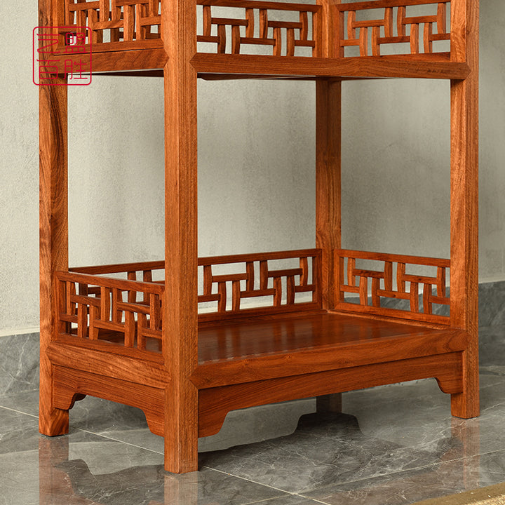 Wooden bookshelf with drawers and intricate geometric carvings