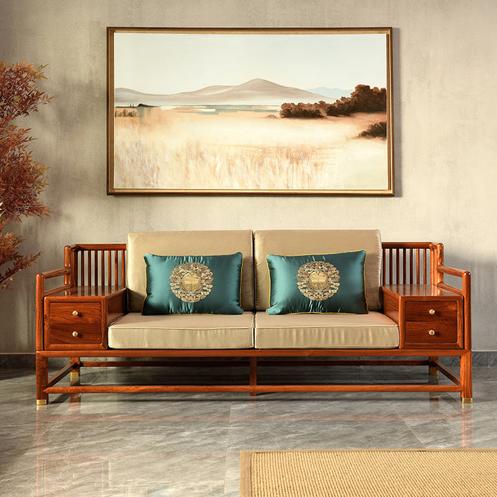 Elegant Pterocarpus macrocarpus sofa set featuring a three-seater, two single chairs, and a coffee table.