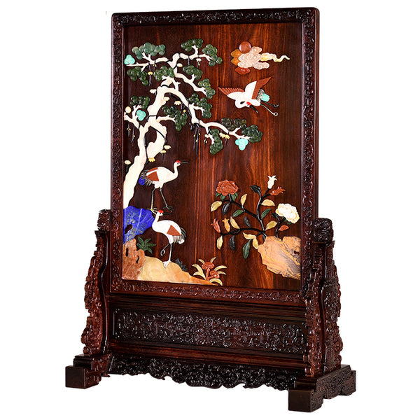 Red Sandalwood Screen with Pine and Crane Design for Longevity小叶紫檀松鹤延年百宝描金屏风