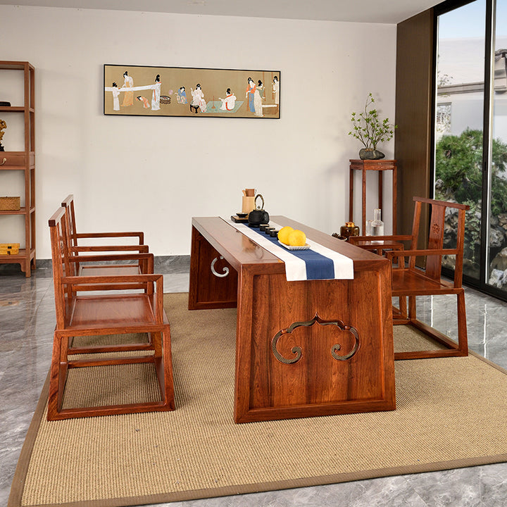 Traditional Chinese tea table set made from Pterocarpus macrocarpus with cloud patterns.