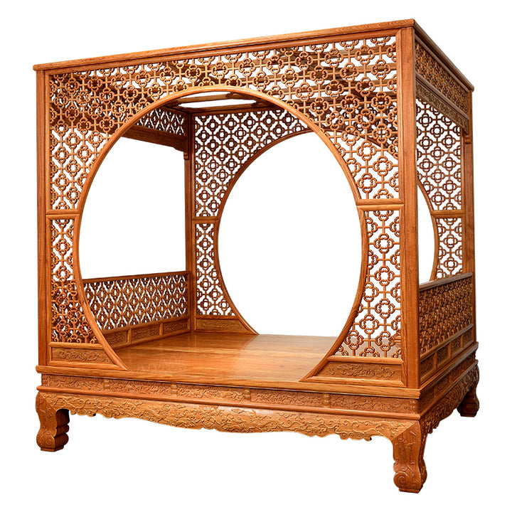 Beautiful moon gate bed made of Pterocarpus macrocarpus with begonia carvings.