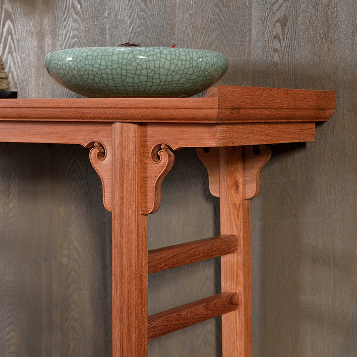 Beautifully crafted Pterocarpus macrocarpus console table with bonsai and art piece.