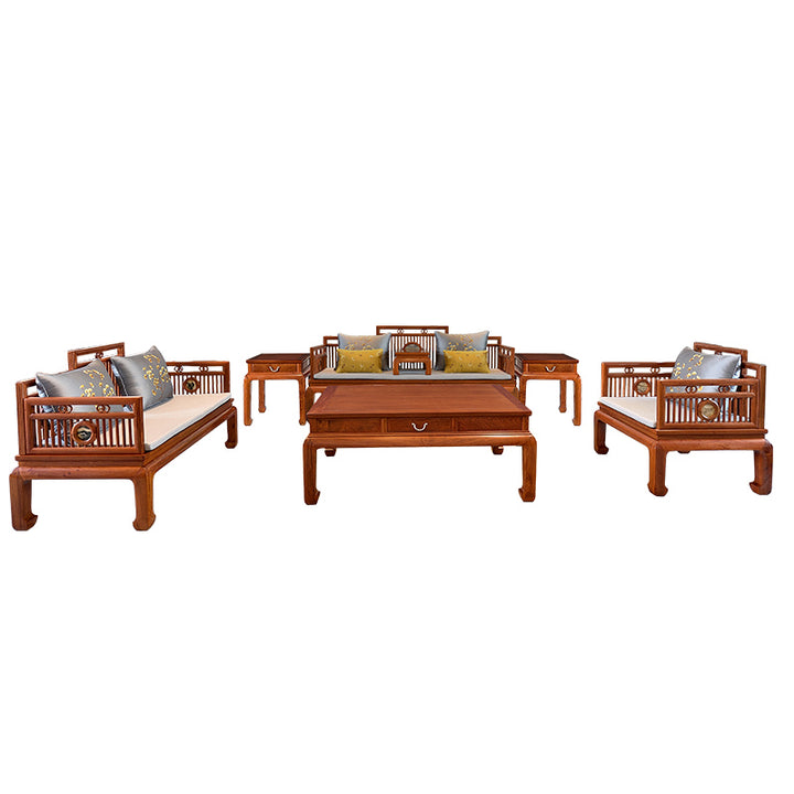 Elegant Pterocarpus macrocarpus living room set featuring a three-seater sofa, single chair, and a coffee table