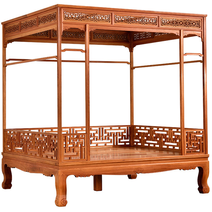 Luxurious four-poster bed featuring Wan pattern and detailed carvings.