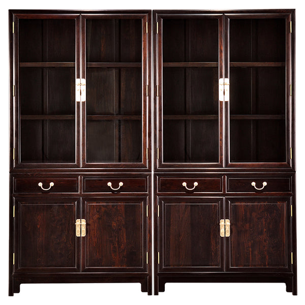 African Blackwood Minimalist Chinese-Style Bookcase Pair with Glass" 紫光檀带玻璃书柜