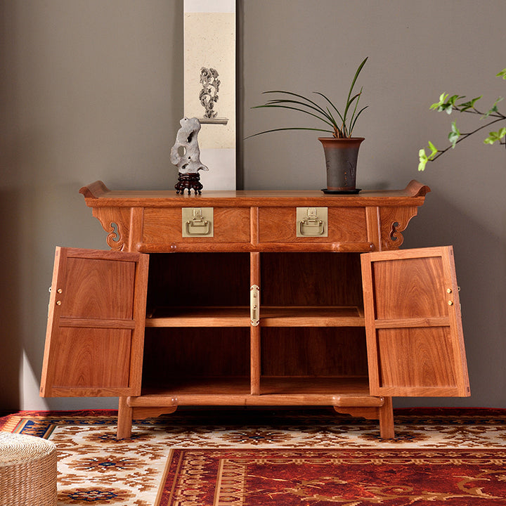 Two-drawer sideboard in Pterocarpus macrocarpus with classic Chinese motifs.