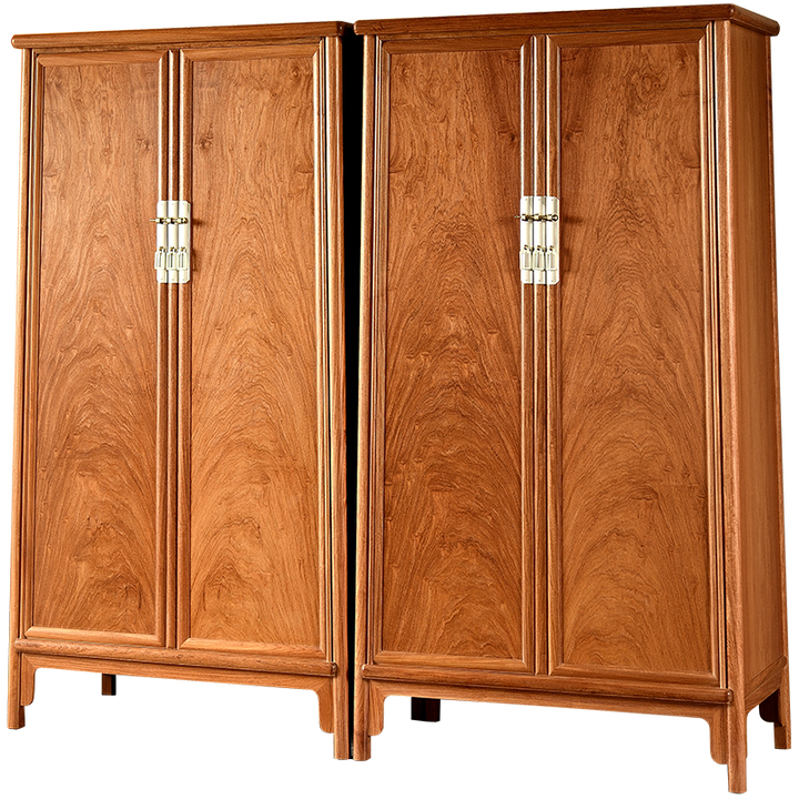 Pterocarpus macrocarpus cabinet showcasing intricate wood grain and rounded corners.