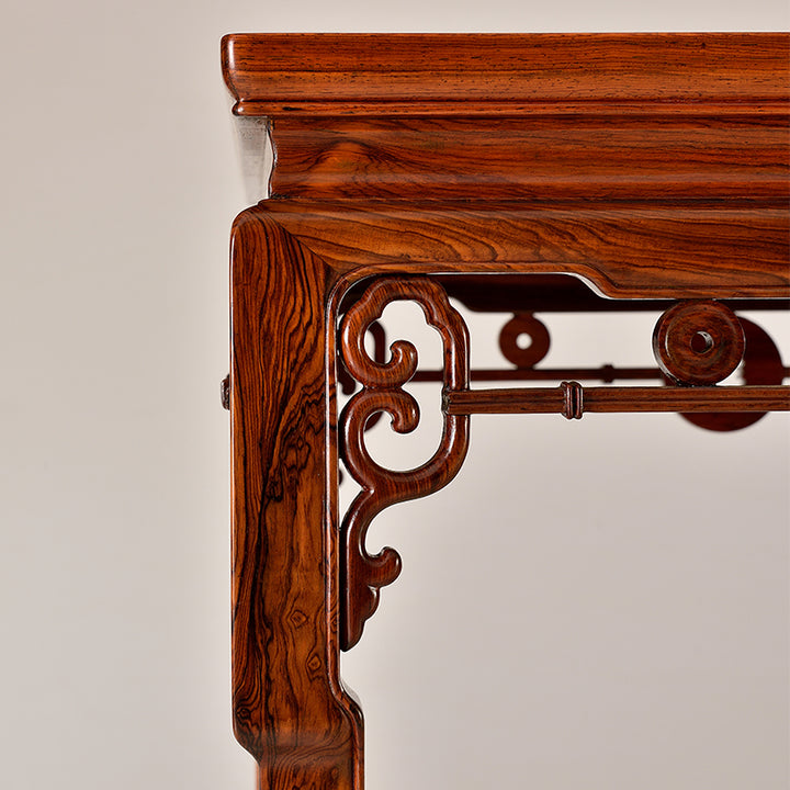 Antique-style rosewood table with a micro-concave shape and an exquisite marble inlay