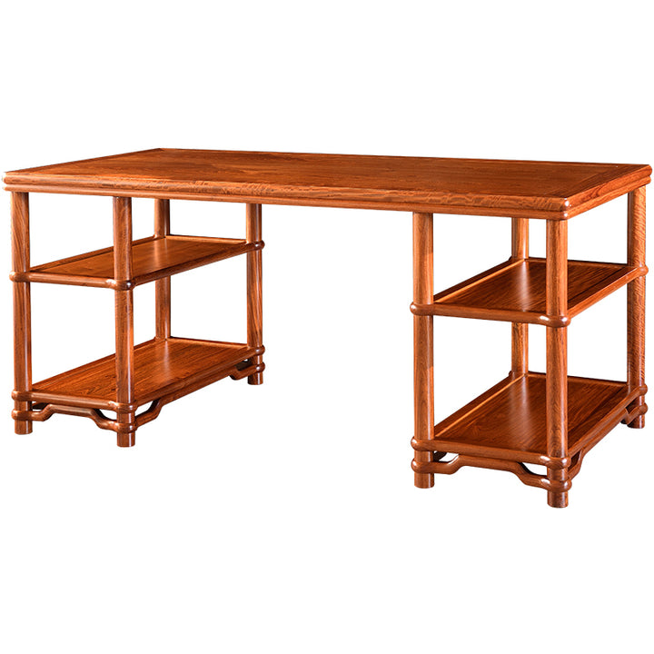 Traditional Chinese Pterocarpus macrocarpus desk with practical shelves.