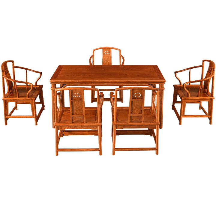 Pterocarpus Macrocarpus round-legged tea table and five chairs.