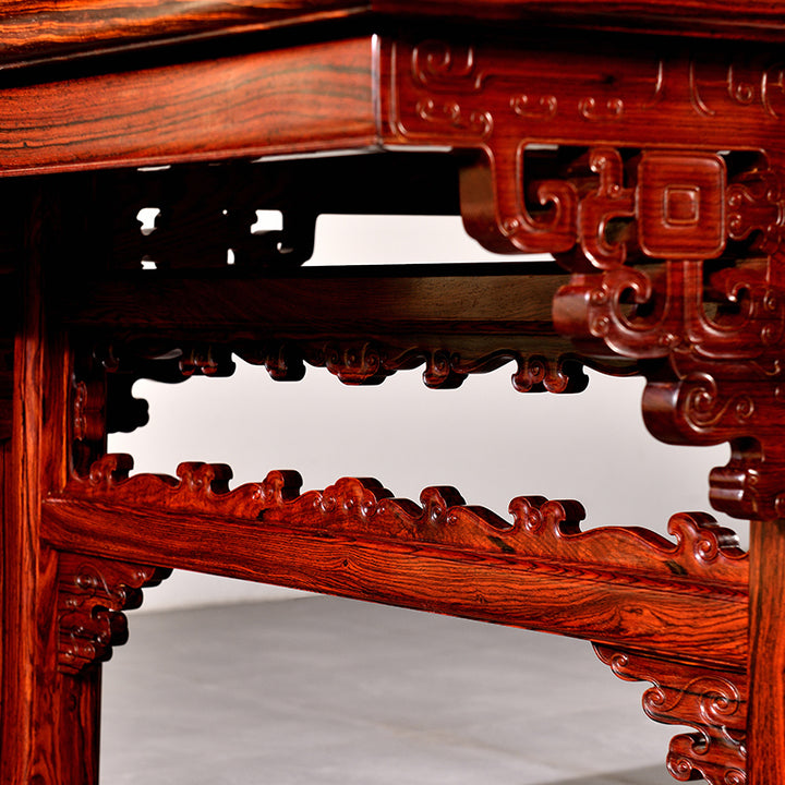 High-quality Granadillo wood table featuring Chilong carvings