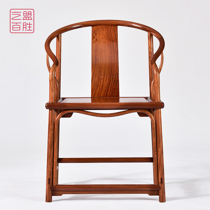 Traditional Chinese Pterocarpus macrocarpus armchair with a half-round rattan backrest.